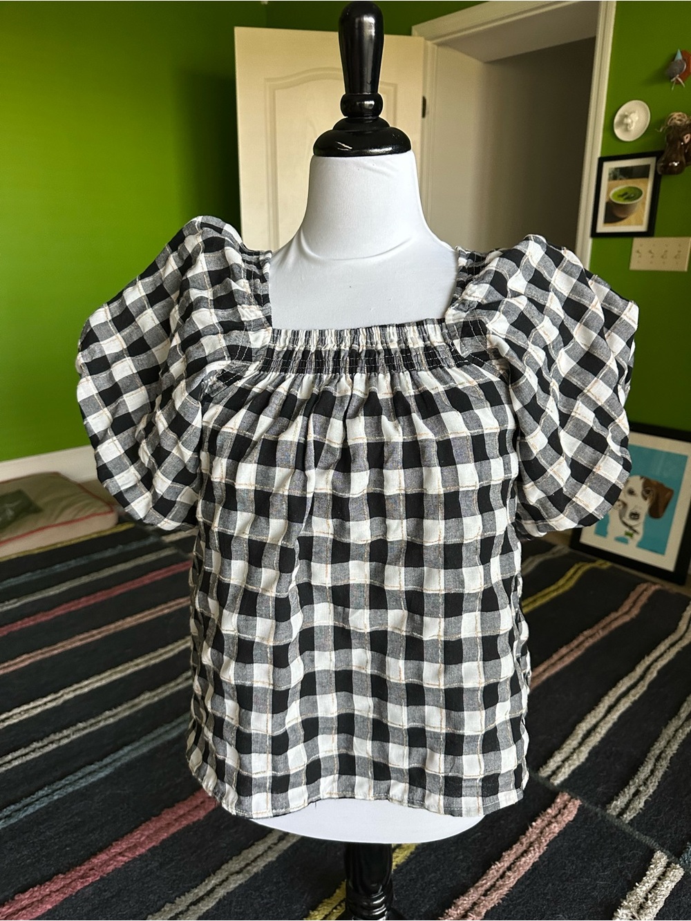 Entro Gingham Puff Sleeve Cotton Blend Shirt